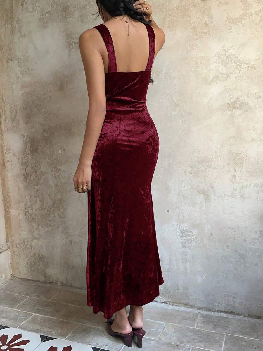 Sunnyshic Women's Long Velvet Dress, Black, Autumn, Deep V-Neck, Contrast Lace, Waist Cinched, Slim, Sexy, Elegant Party Dress