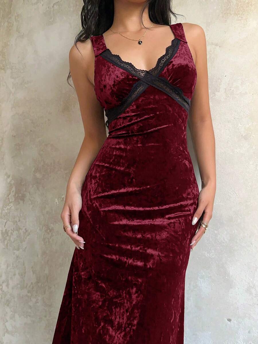Sunnyshic Women's Long Velvet Dress, Black, Autumn, Deep V-Neck, Contrast Lace, Waist Cinched, Slim, Sexy, Elegant Party Dress